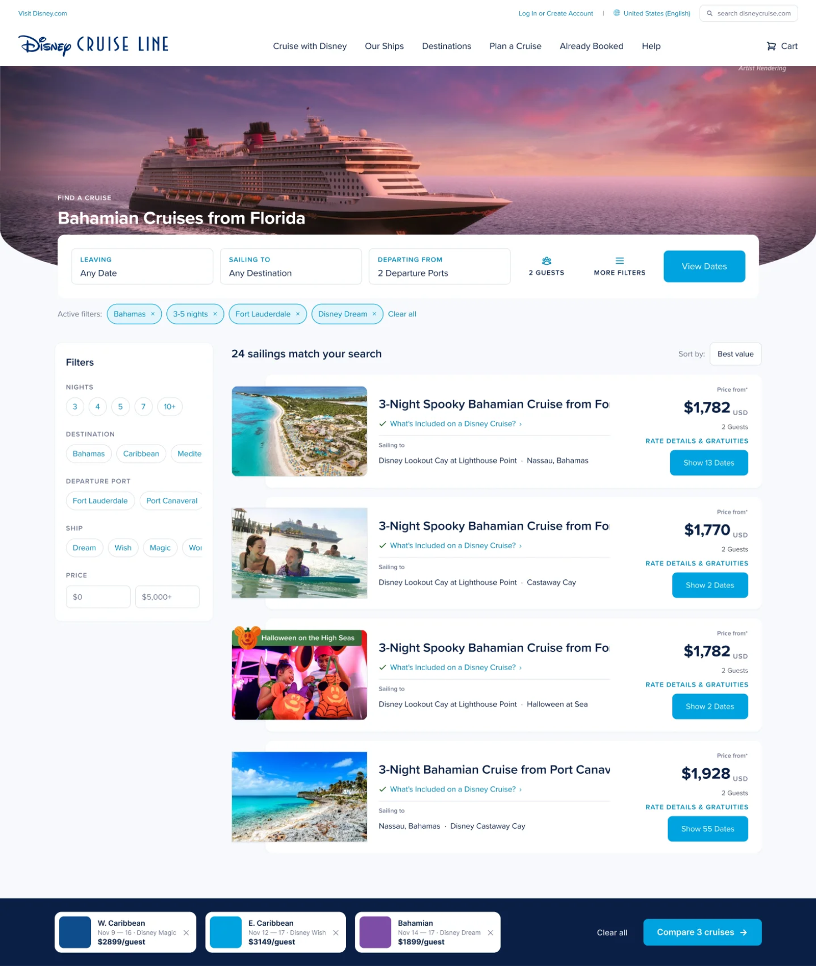 The redesigned listing with filter chips and comparison tray