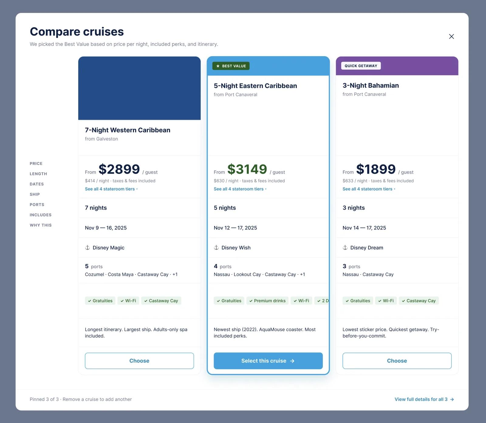 Three-up comparison modal