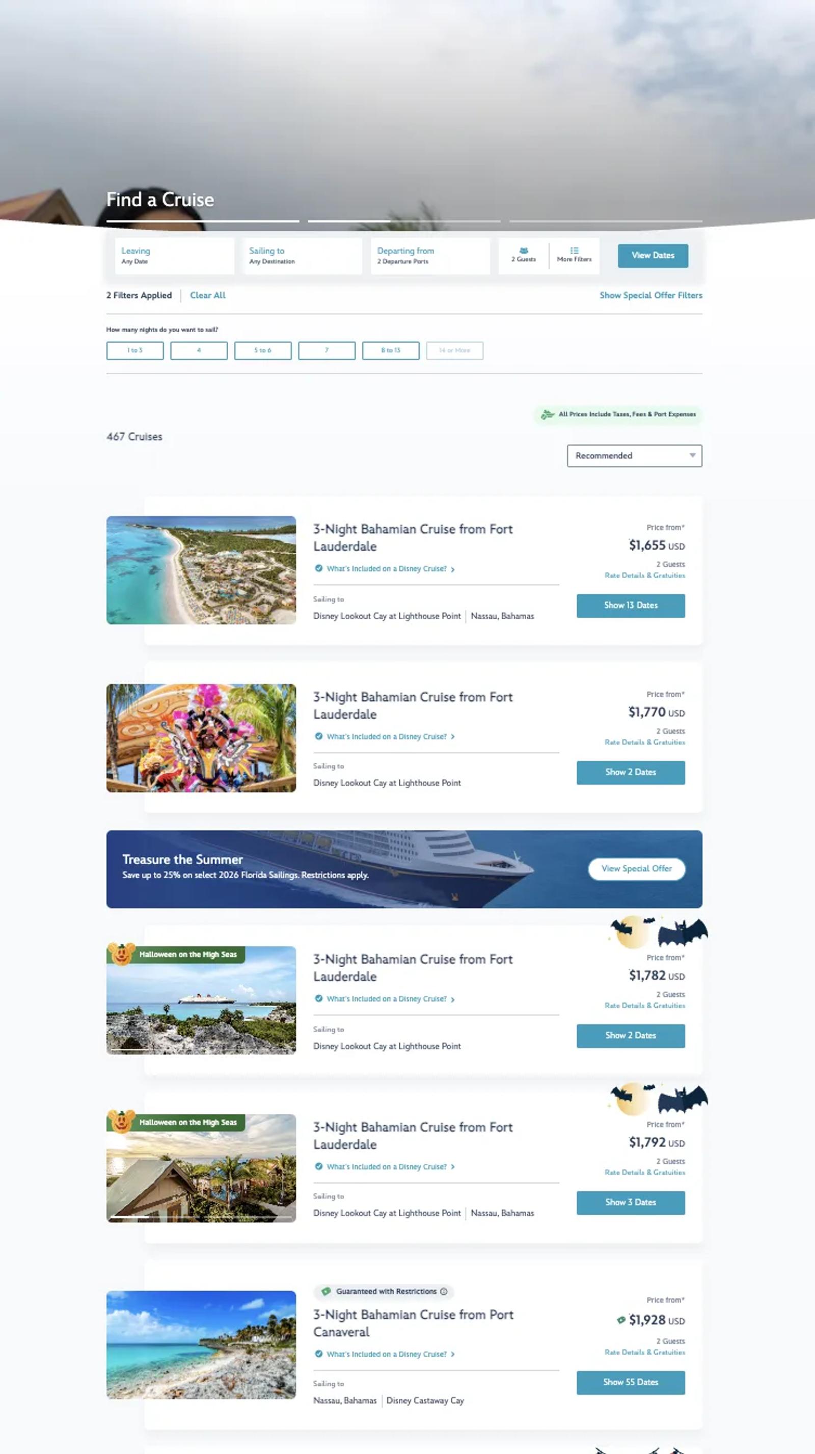 The live Disney Cruise Line listing page