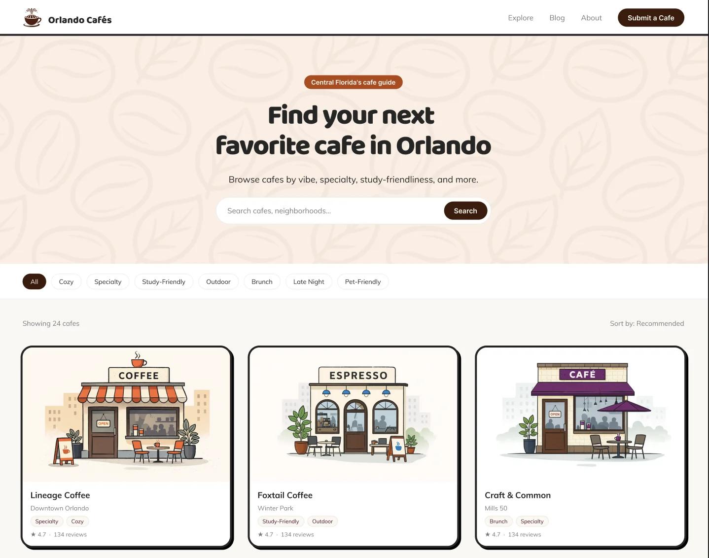 The redesigned Orlando Cafés directory