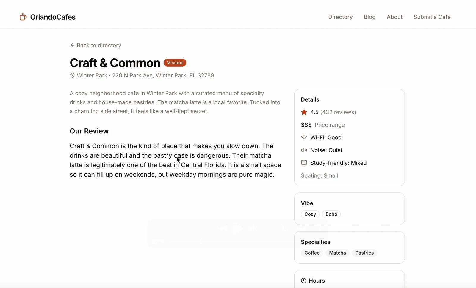 Dense text-heavy cafe listing