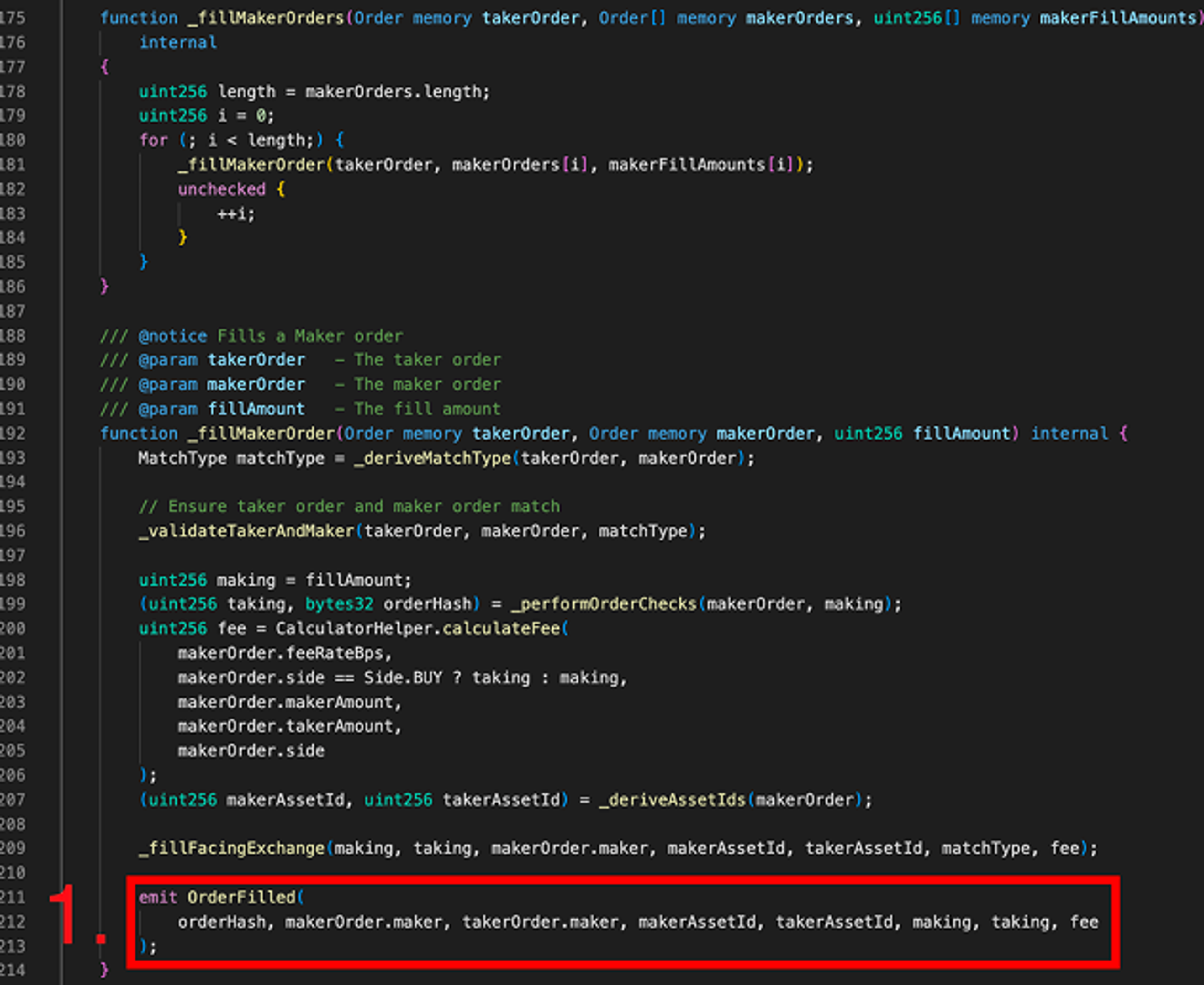 Figure 1: Event-emitting portion of Polymarket exchange smart contracts. The number labels correspond to the items in the “Event sequence” section above. RR Auction