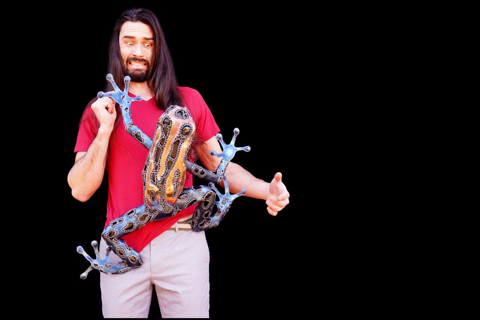 Artist Aiden Dale startled by metal poison dart frog sculpture