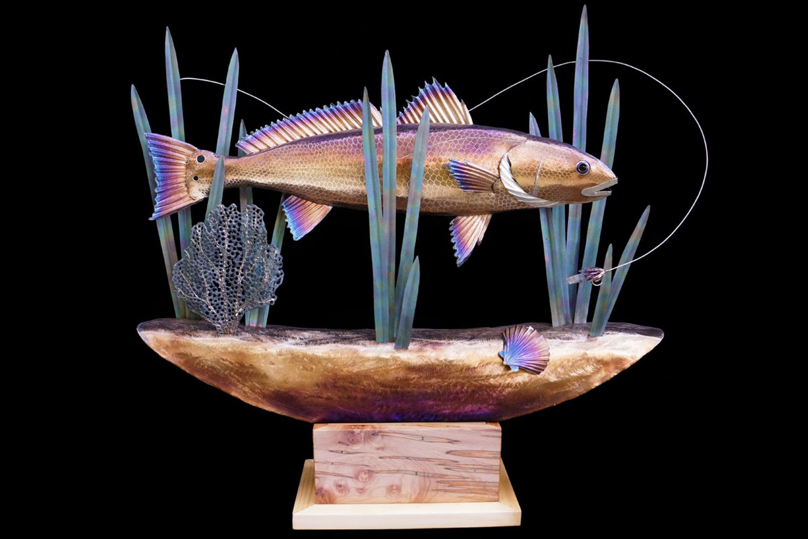 Photo of final red drum scene trophy mounted to its ambrosia maple base.