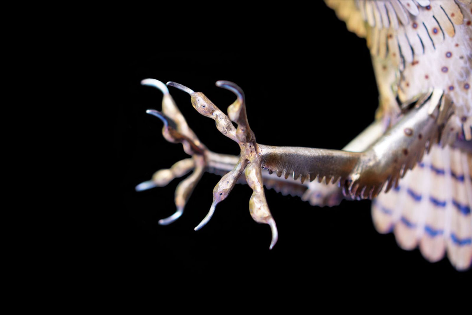 Closeup of barn owl sculptures talons.
