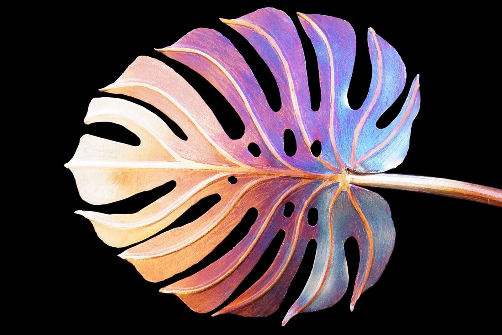 Close-up of stainless steel monstera leaf showing bead-rolled veins, plasma-cut holes, and vivid flame patina color fades.