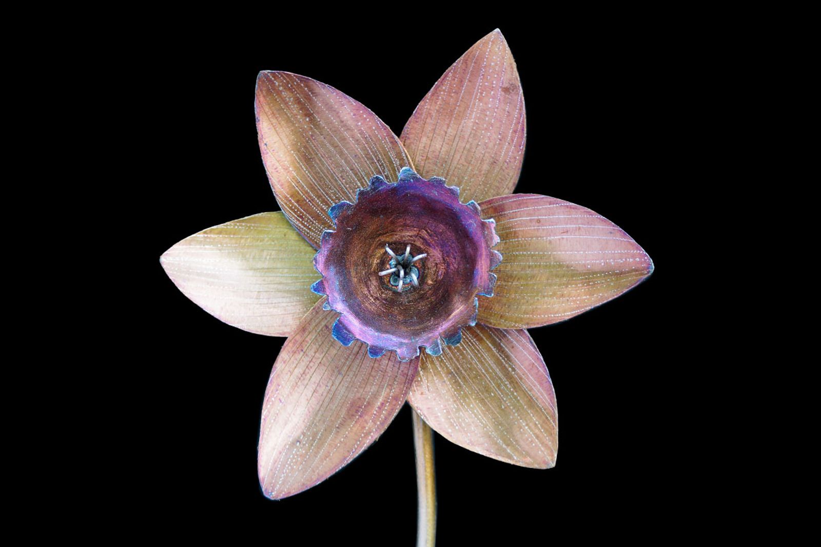 Detailed view of the golden daffodil bloom, showing hand-ground textures and flame-painted stainless steel petals