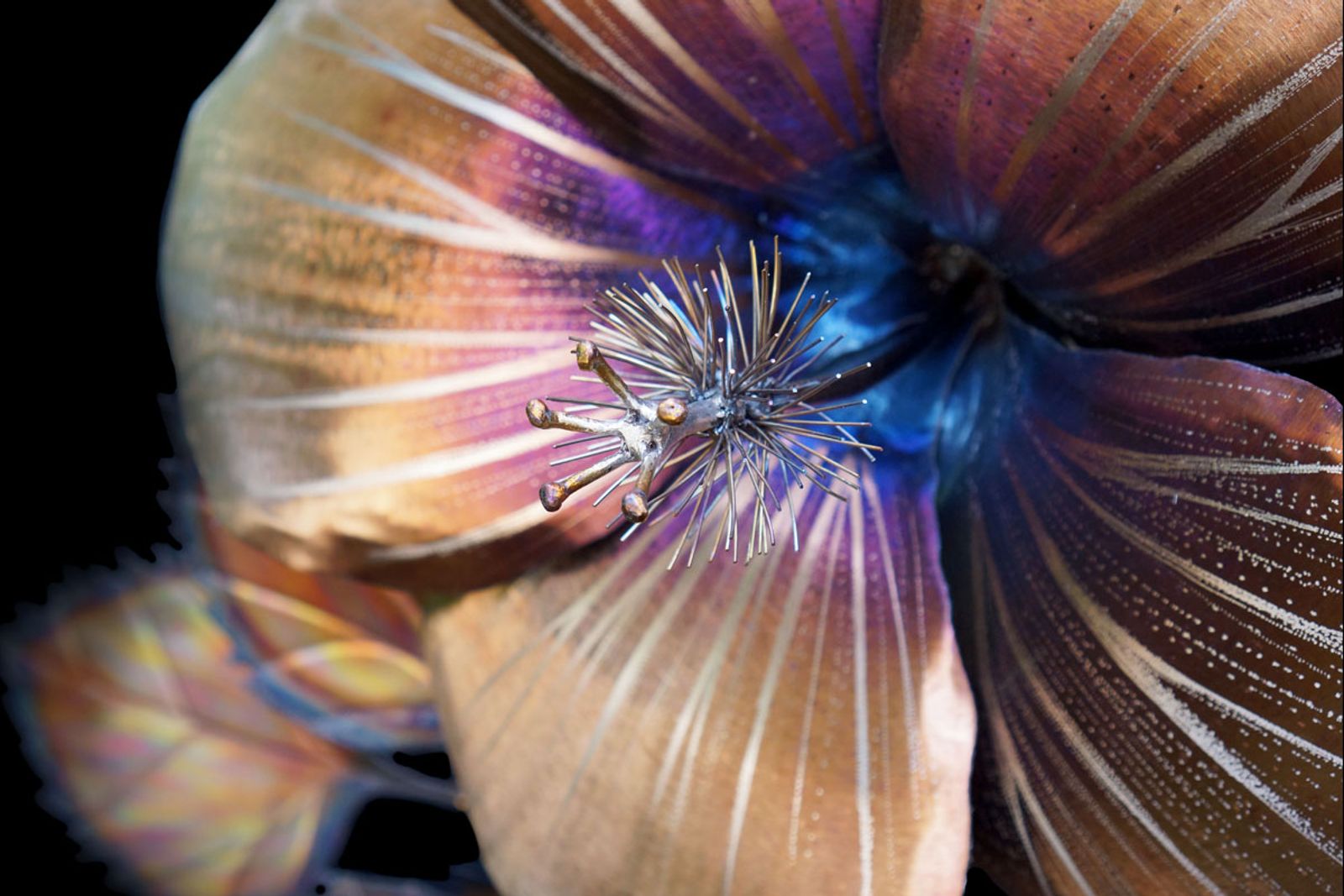 Metal hibiscus sculpture stamen close up