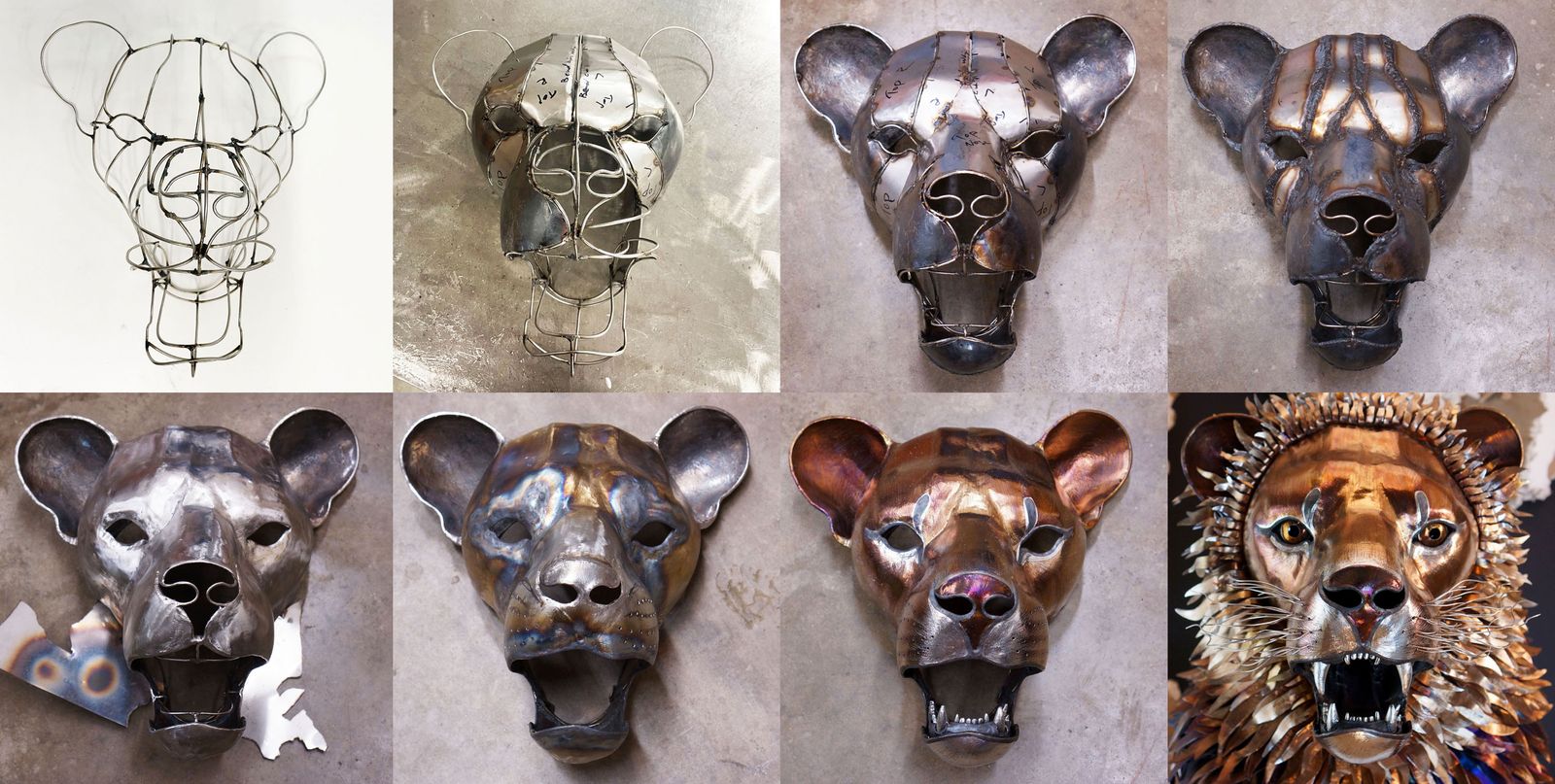 Photo of the creation process of the metal lion sculpture's face.