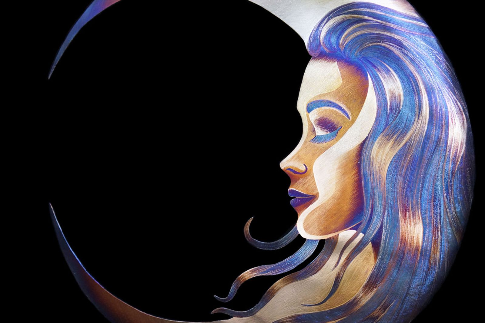 Close up of metal girl in the moon sculpture