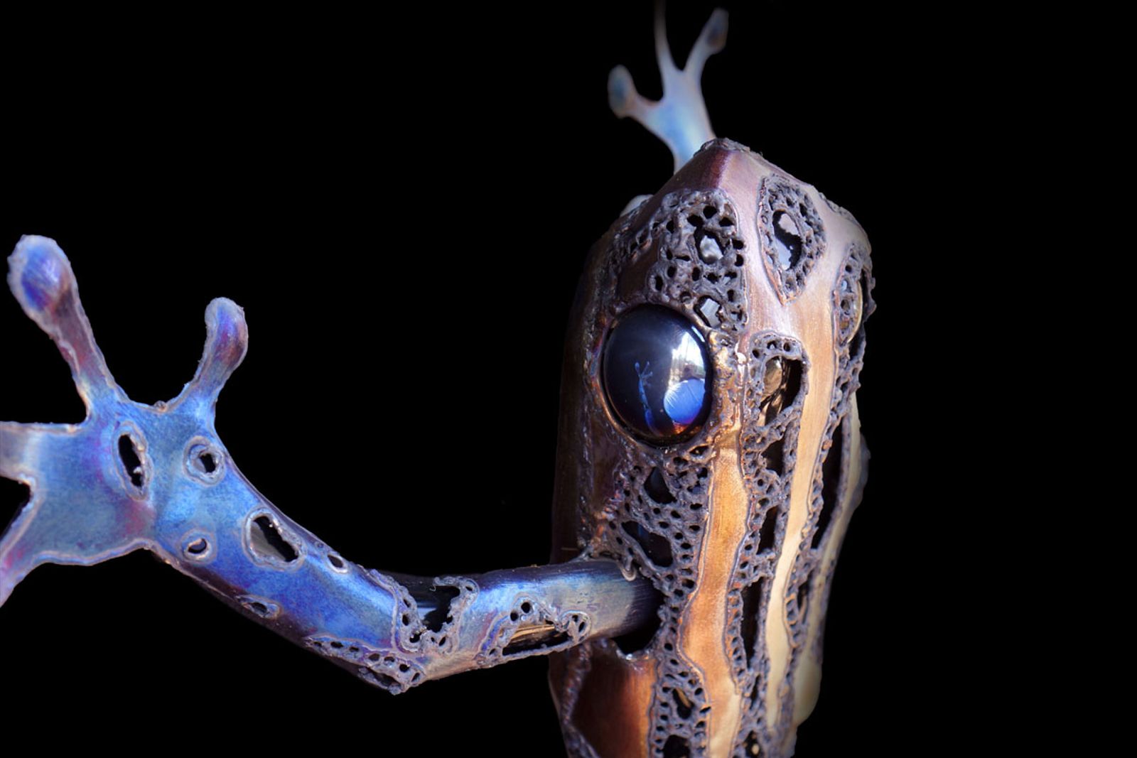 Close up of steel poison dart sculptures eye