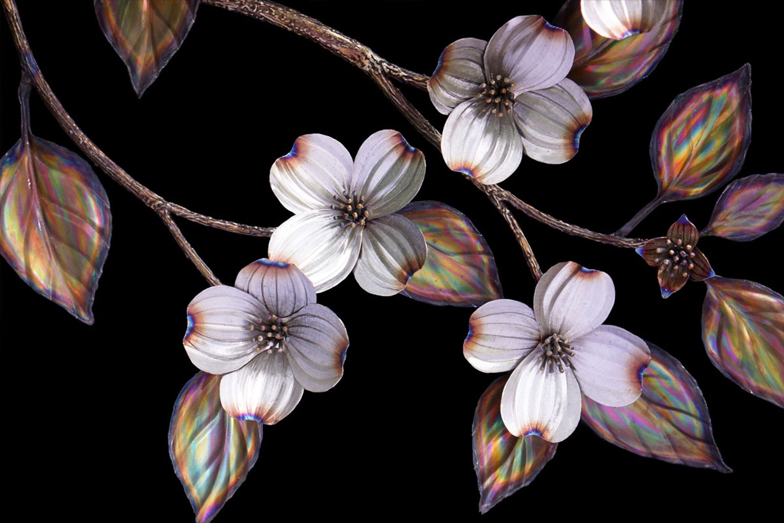Close up from large metal dogwood sculpture to show some details