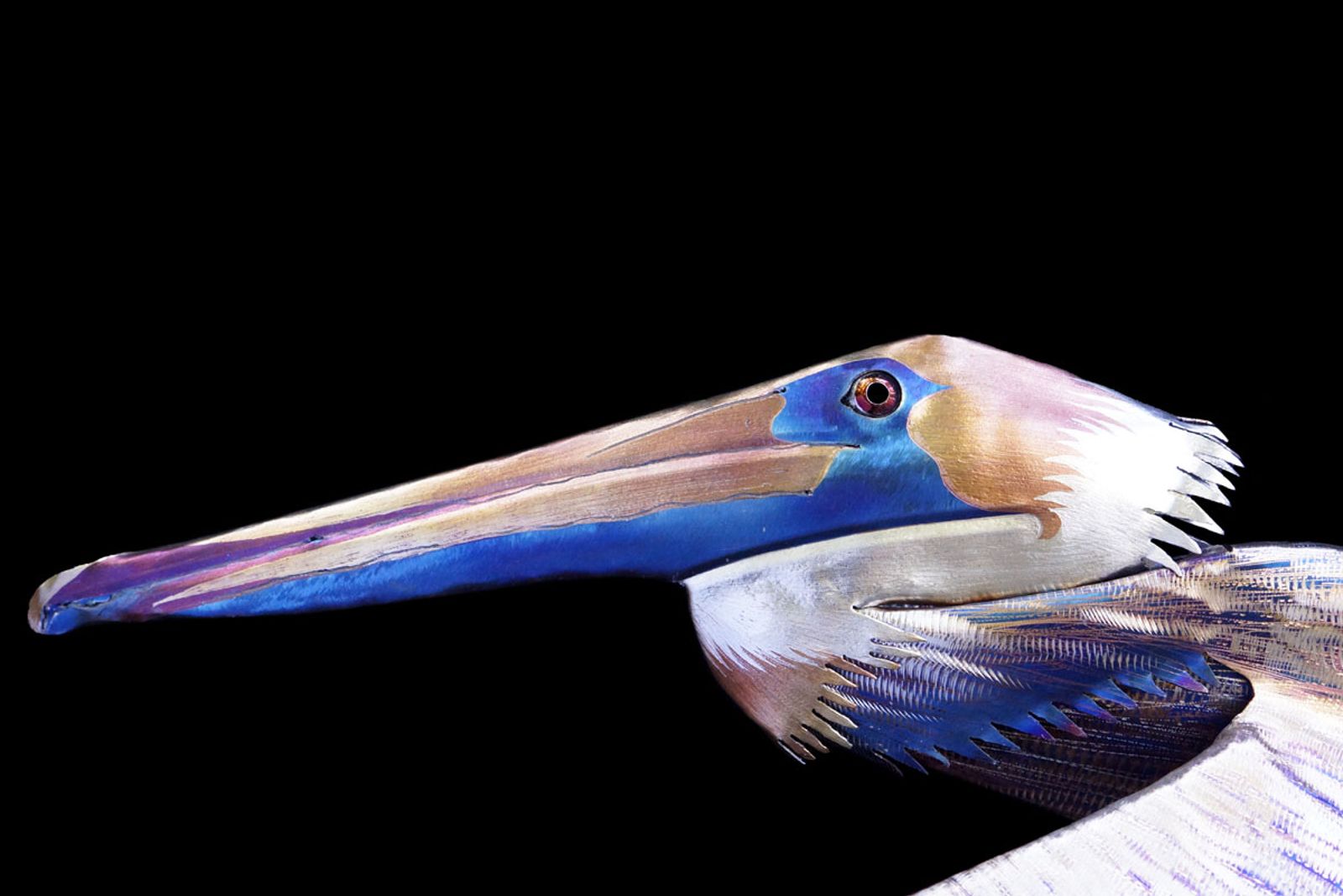 Closeup of stainless steel pelican sculpture's face.