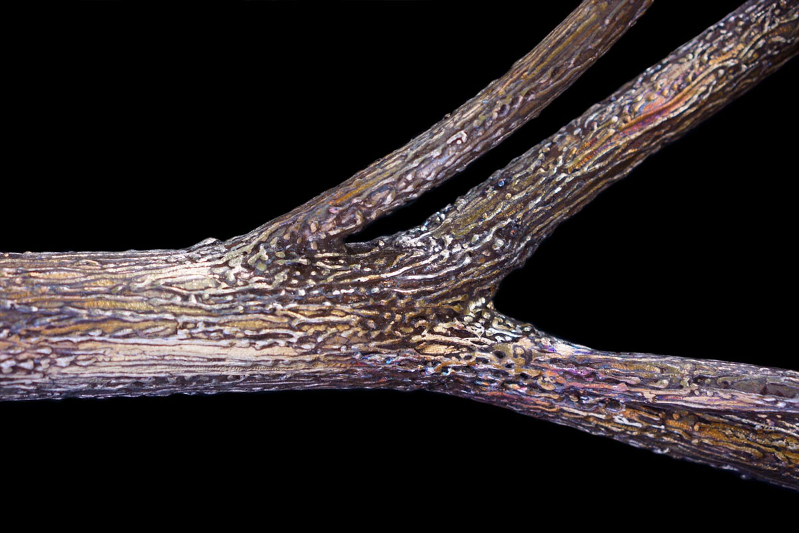 Close up of the branch and bark of the large metal dogwood sculpture.