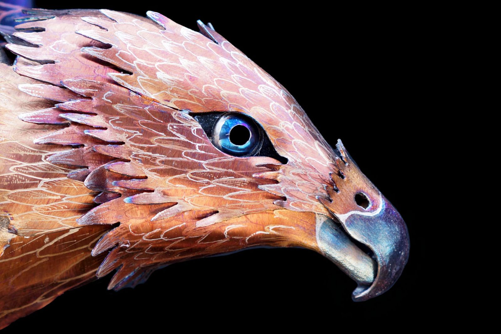 Close up of metal red tailed hawk sculpture's head