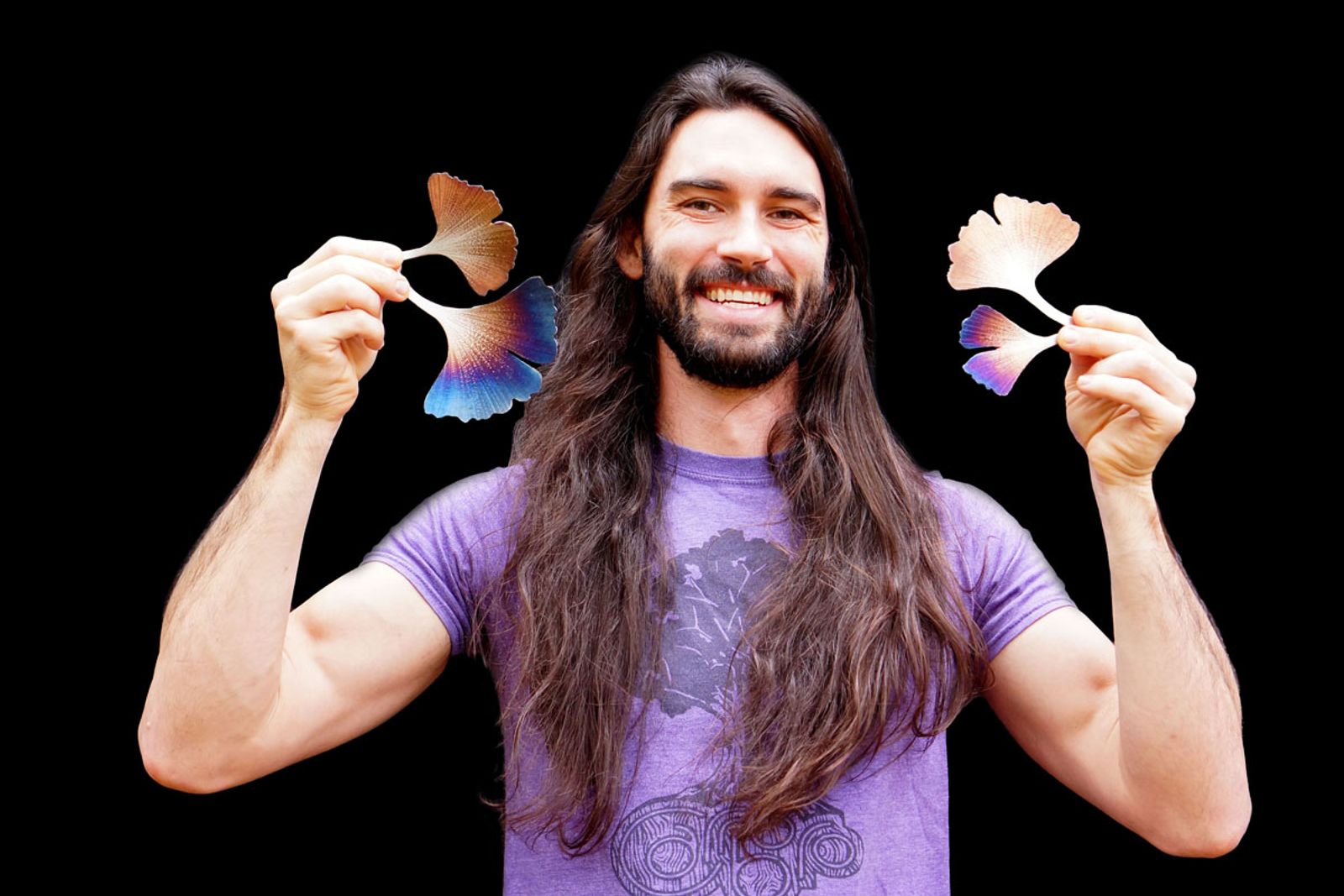 Artist Aiden Dale with metal ginkgo leaf ornaments!
