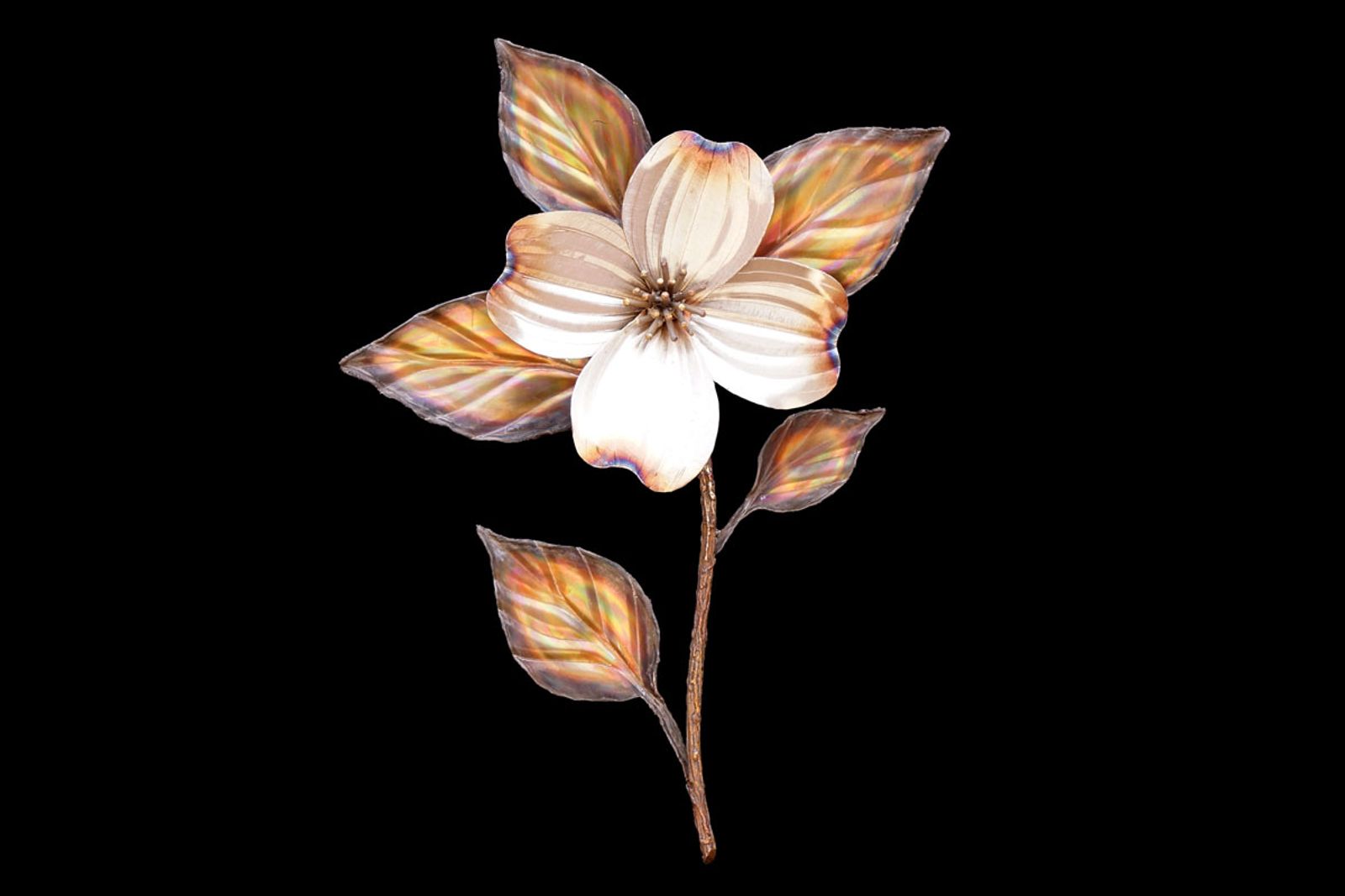 Small single flower stainless steel dogwood sculpture measuring 8" wide by 14" tall by 3" deep