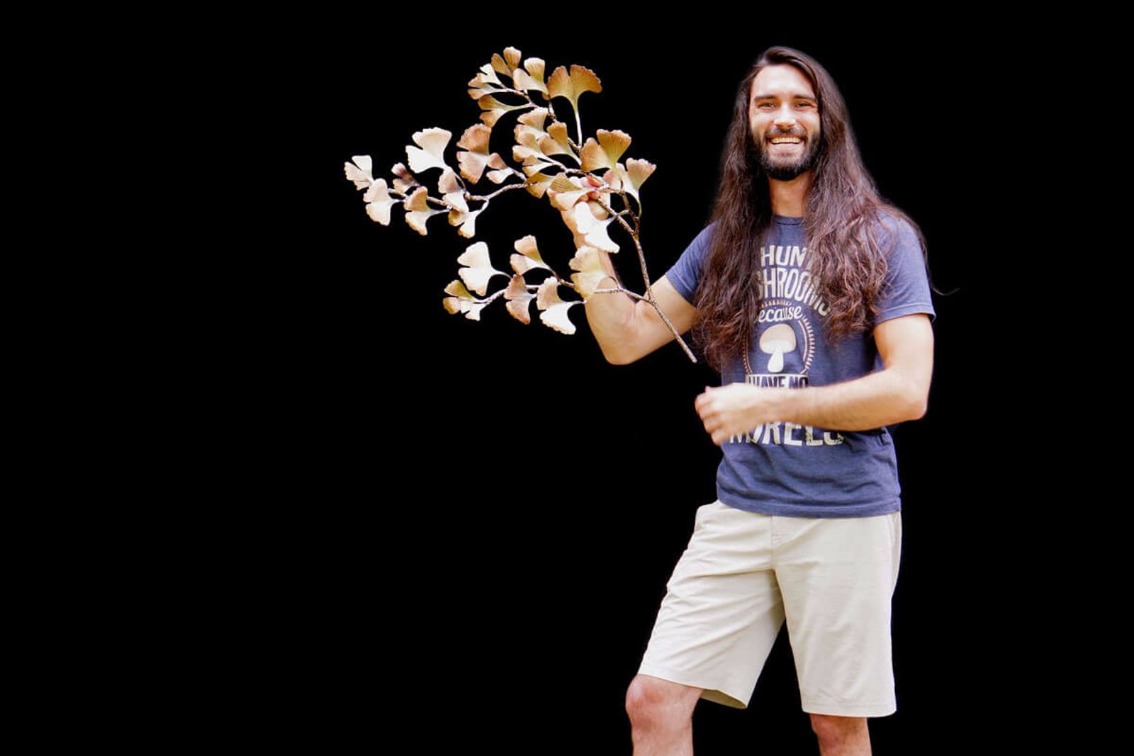 Artist Aiden Dale with his ginkgo biloba branch sculpture
