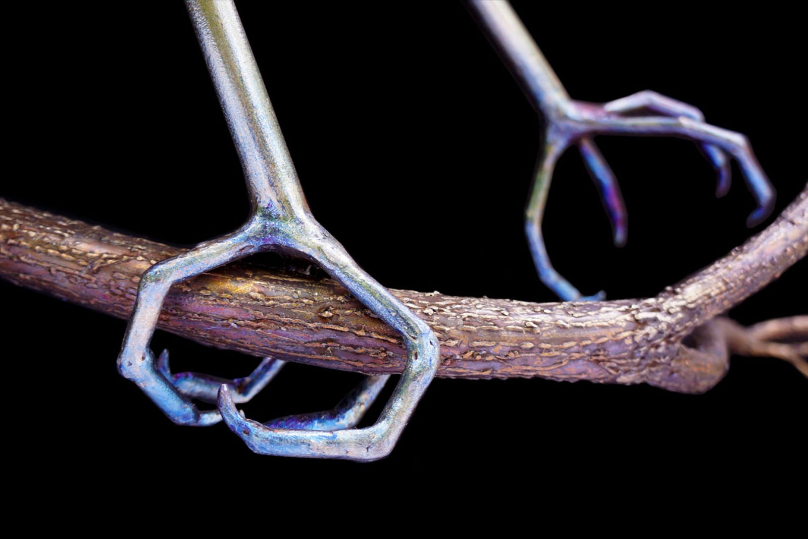 Foot detail of stainless steel blue heron sculpture with lifelike texture and hand-shaped claws by metal artist Aiden Dale.