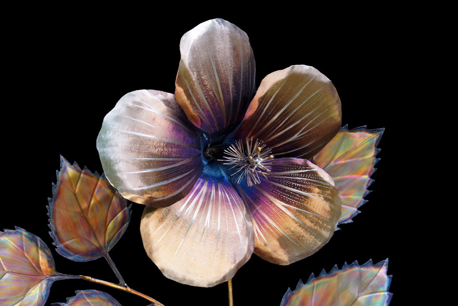 Stainless steel hibiscus sculpture close up