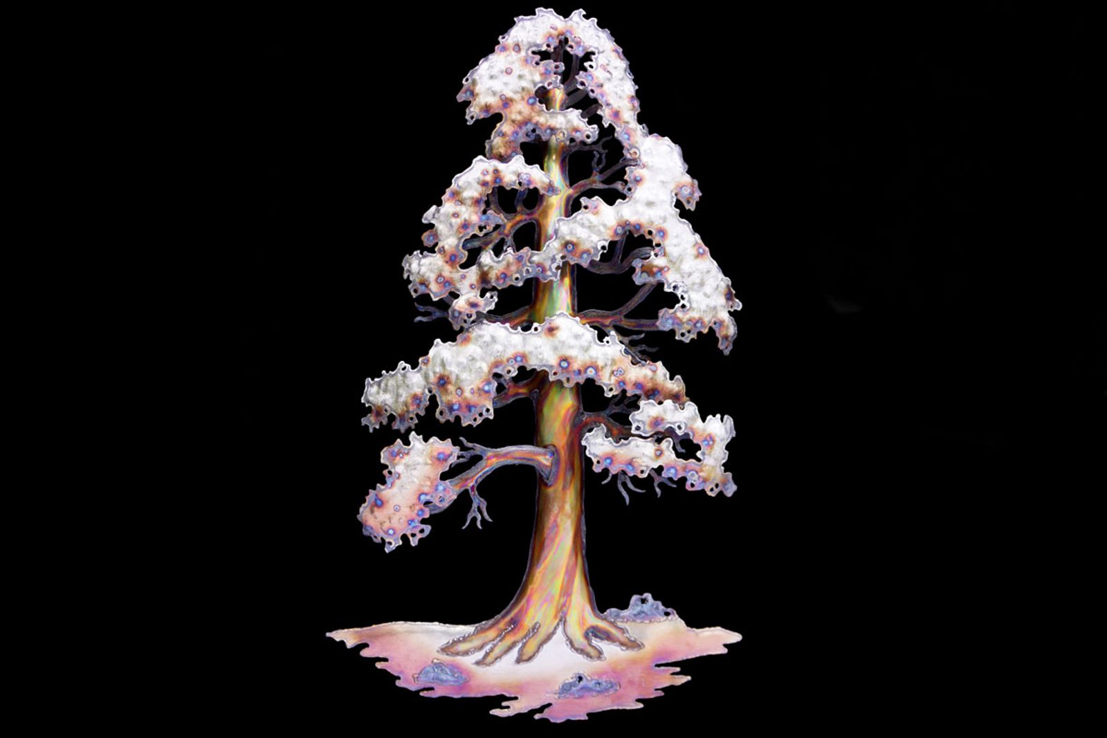 Bark Option #2 - Stainless steel sequoia tree sculpture with striped torch coloring to mimic natural bark and blue patina speckled foliage.