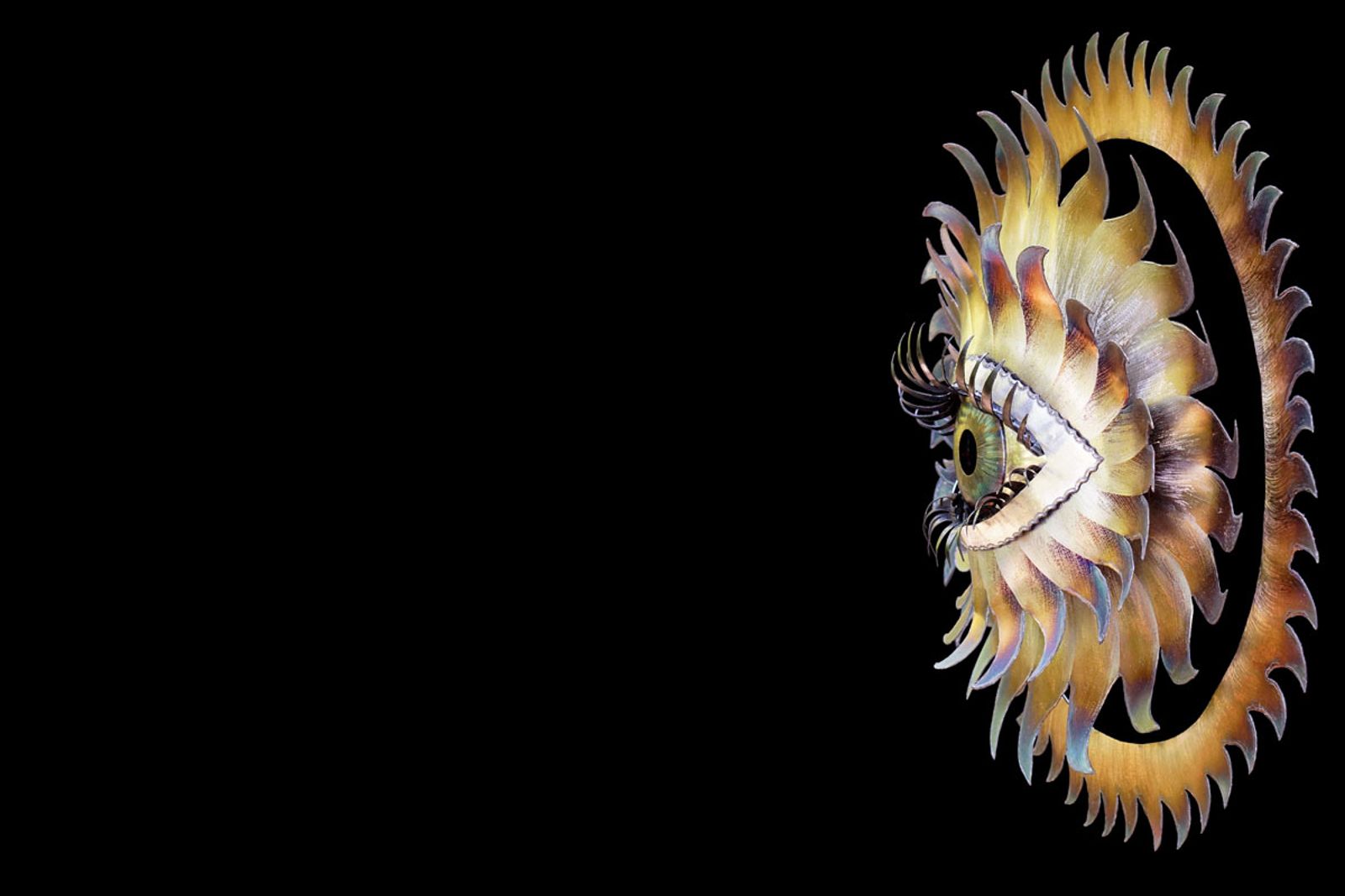 Metal flowering eye sculpture side view to show depth