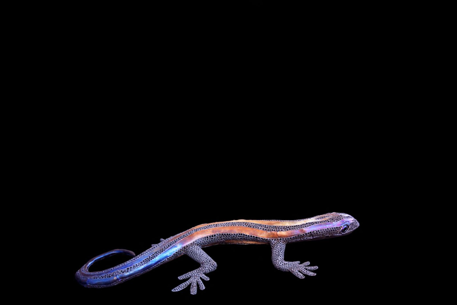 Side view of stainless steel skink sculpture showing three-dimensional form with body lifted from the wall surface.