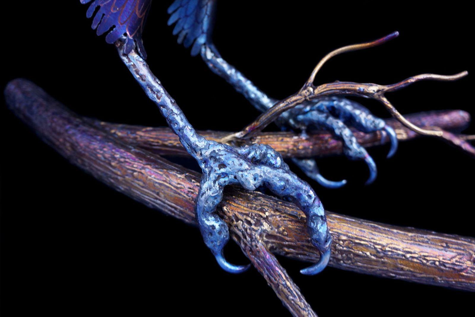 Closeup of stainless steel crow sculptures talons or feet.