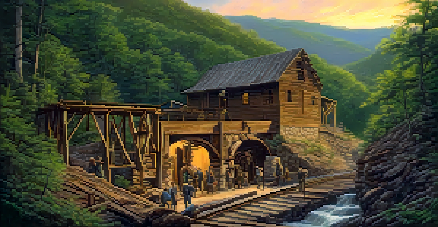 A historic gold mine in North Carolina with miners and lush green surroundings, illuminated by the warm glow of sunset.