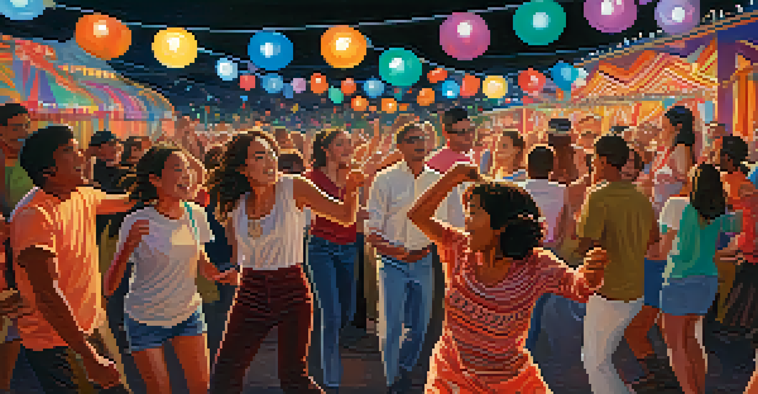 Festival-goers of diverse backgrounds participating in a joyful dance-off, surrounded by colorful decorations.