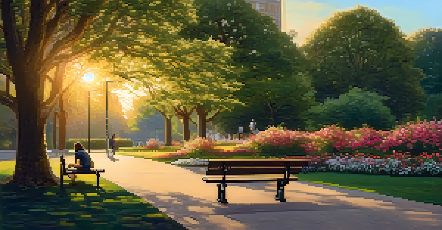 A peaceful park in Charlotte with individuals walking and a person on a bench, engaged in a supportive phone call, under a warm sunset.