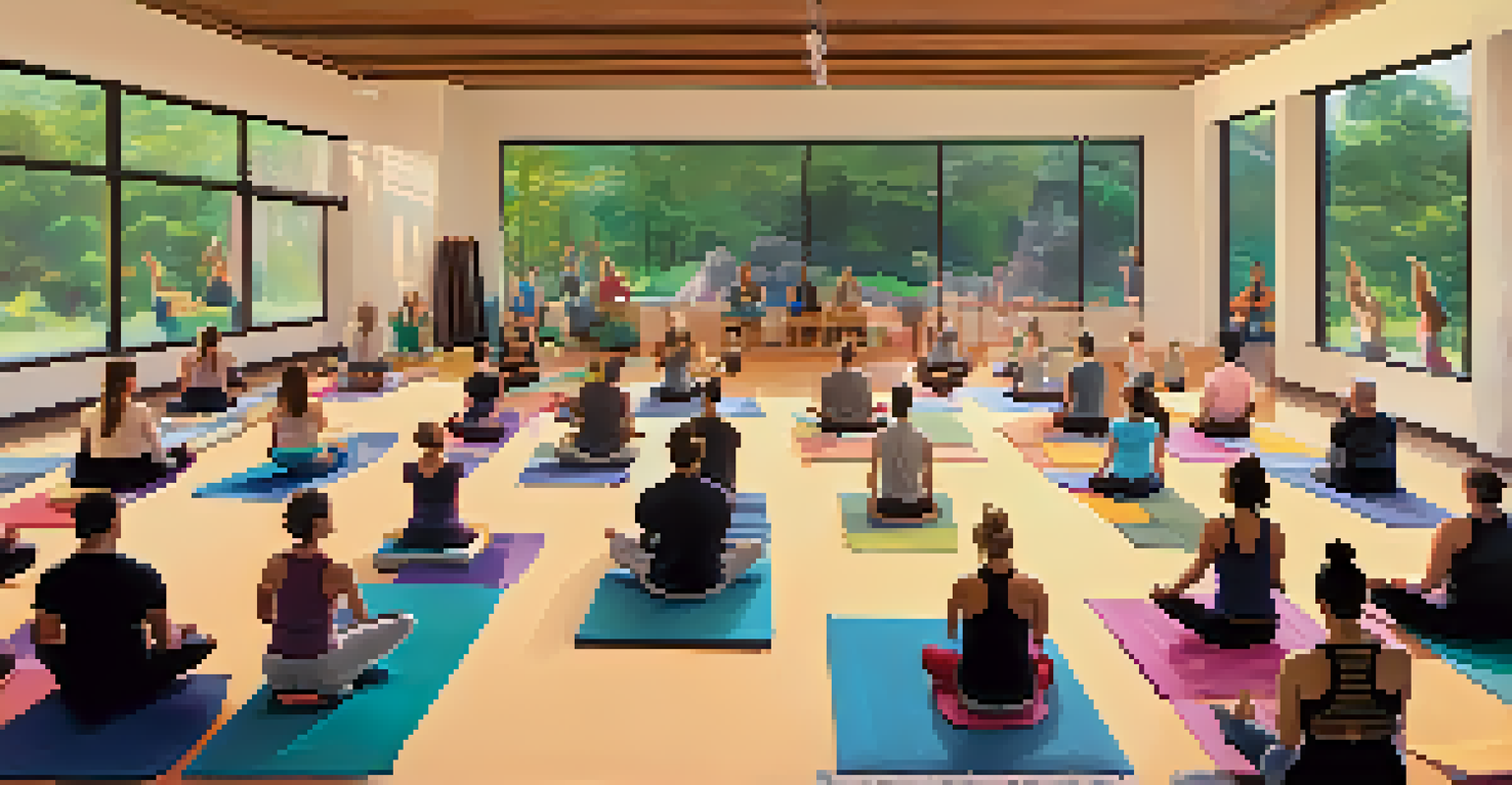 A fitness instructor demonstrating yoga to an engaged audience in a bright workshop setting with colorful mats.