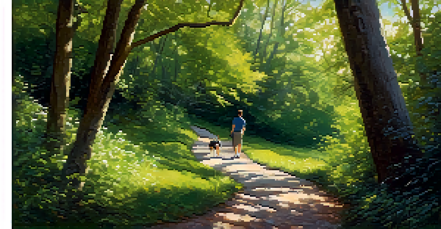 A beagle exploring a trail in McAlpine Creek Park, surrounded by lush greenery and sunlight filtering through the trees.