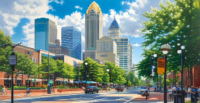 A panoramic view of downtown Charlotte with modern skyscrapers, pedestrians, cyclists, and greenery.