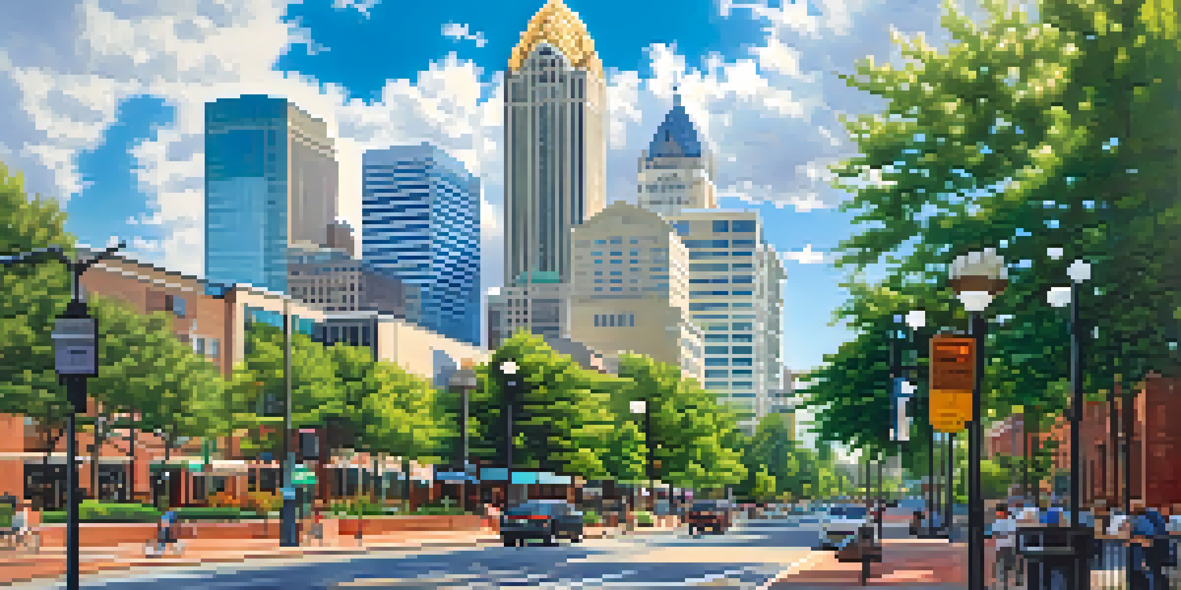 A panoramic view of downtown Charlotte with modern skyscrapers, pedestrians, cyclists, and greenery.