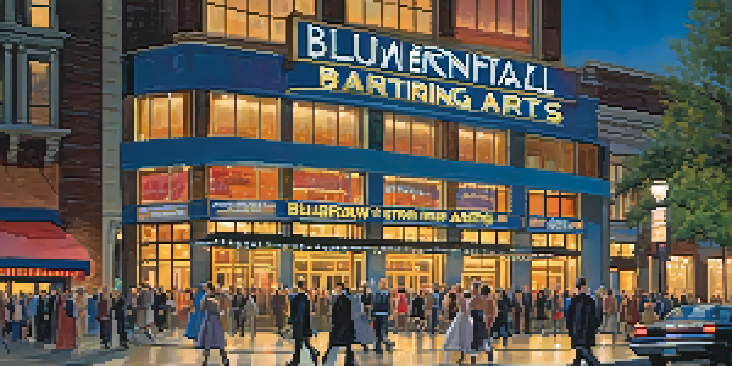 An evening view of the Blumenthal Performing Arts Center, illuminated with golden lights and bustling with theatergoers.
