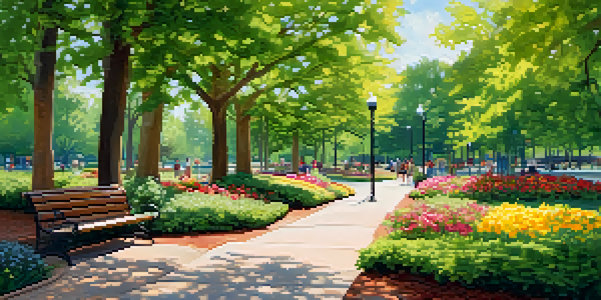 A serene urban park with lush greenery, flower beds, and people engaging in various activities like walking and reading.