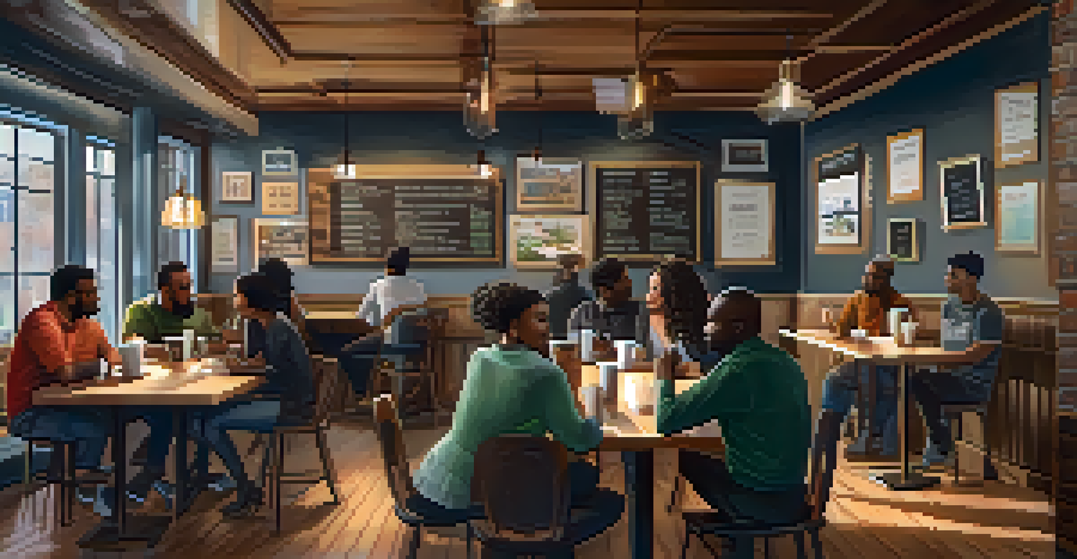 A warm coffee shop in Charlotte with minority entrepreneurs networking at wooden tables, surrounded by cozy lighting.