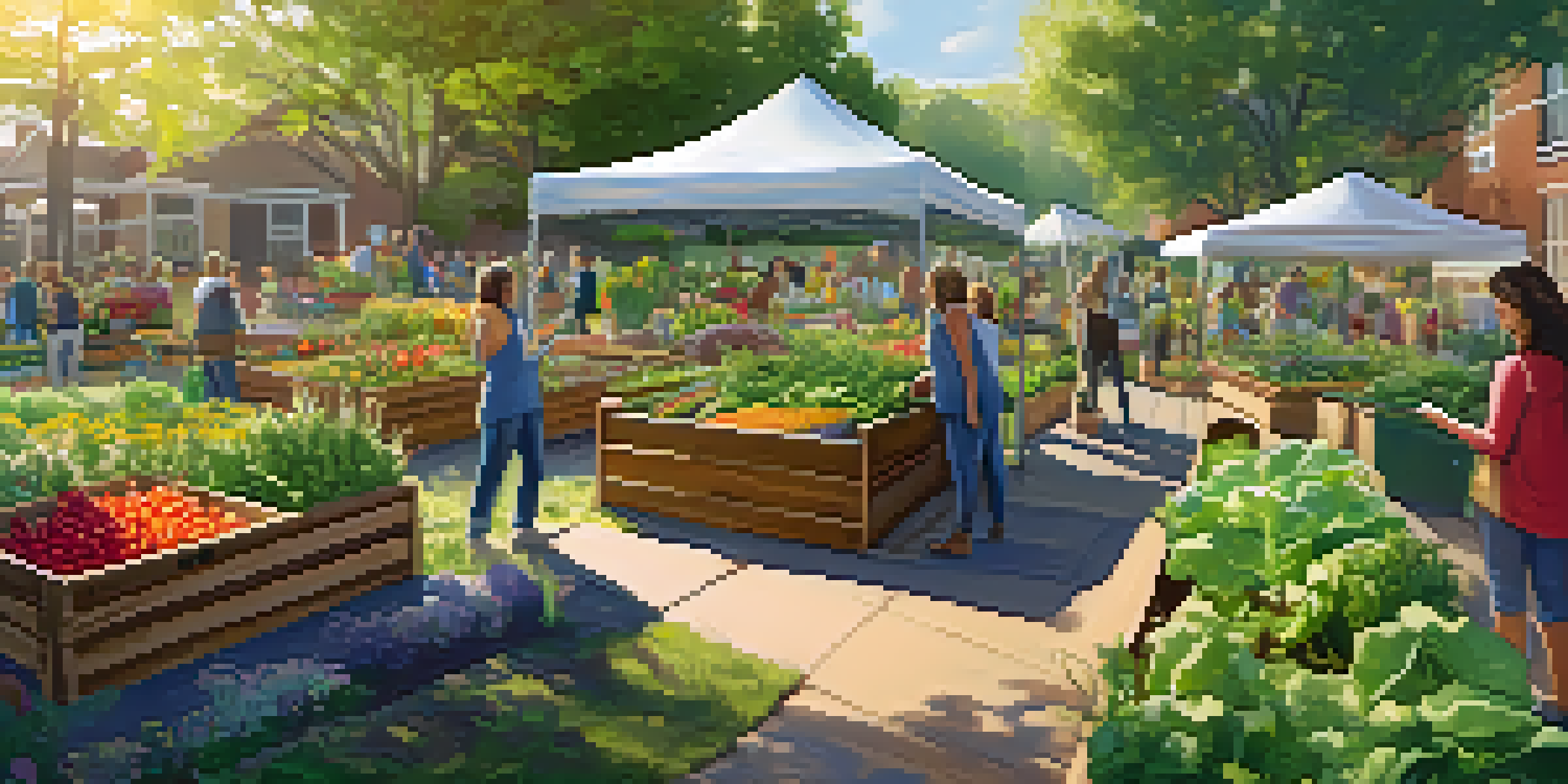 A community garden in Charlotte with residents engaged in gardening and composting, surrounded by colorful plants and sunlight filtering through trees.