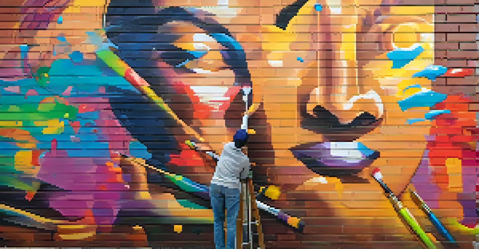 A local artist painting a colorful mural on a brick wall in Charlotte, surrounded by art supplies.