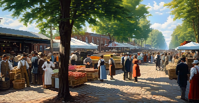 A lively market in pre-Civil War Charlotte with farmers selling cotton and textiles, steam trains in the background, and people in period clothing under warm sunlight.