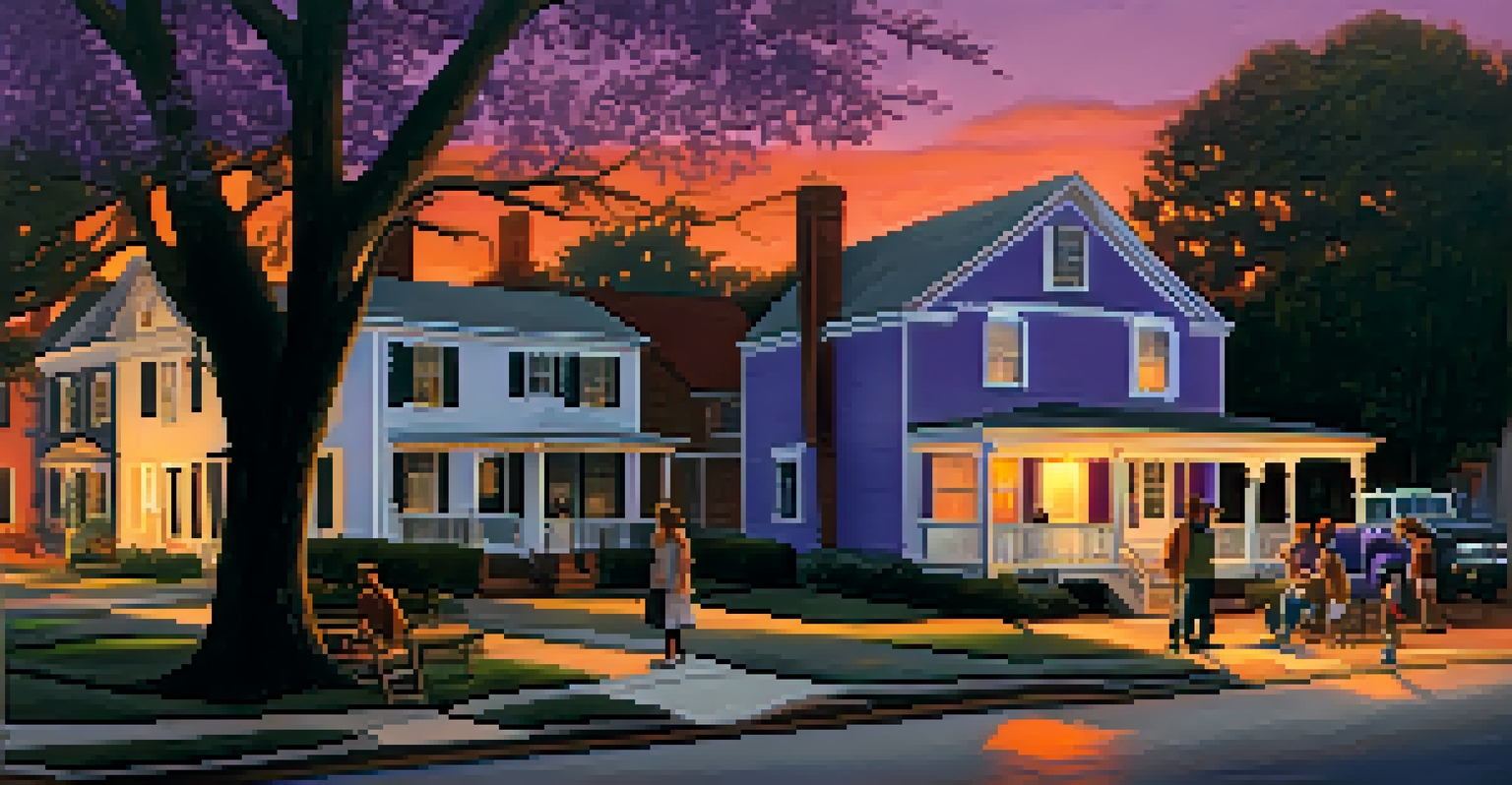 A group of friends around a campfire in a historical Charlotte neighborhood at sunset.