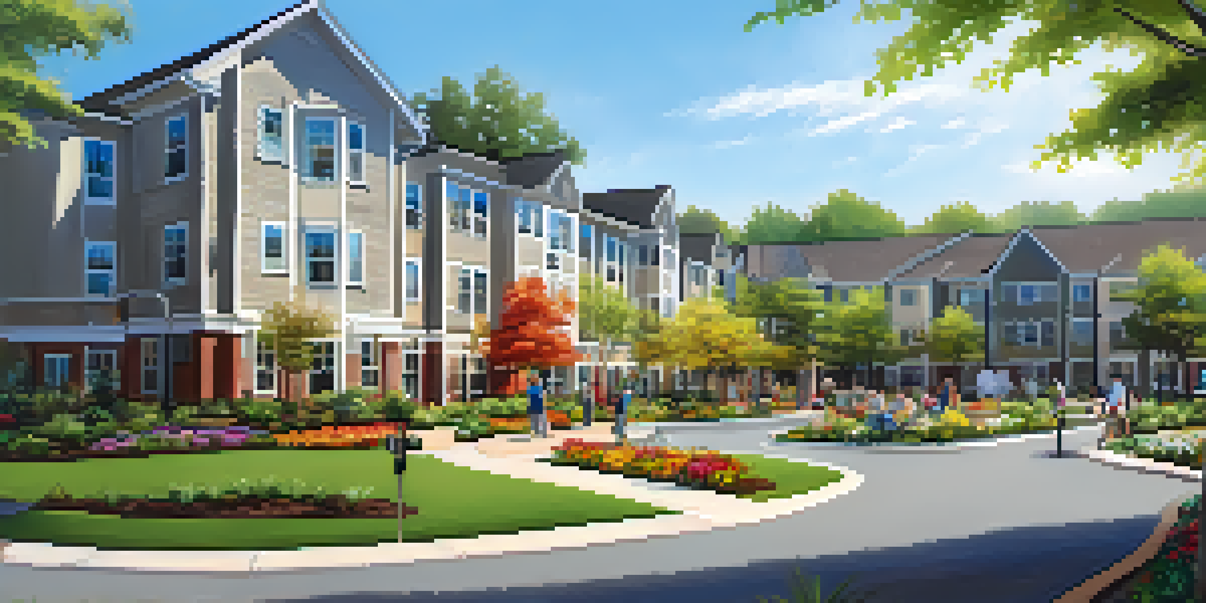 A bright and inviting independent living community with residents enjoying outdoor activities in a garden setting.
