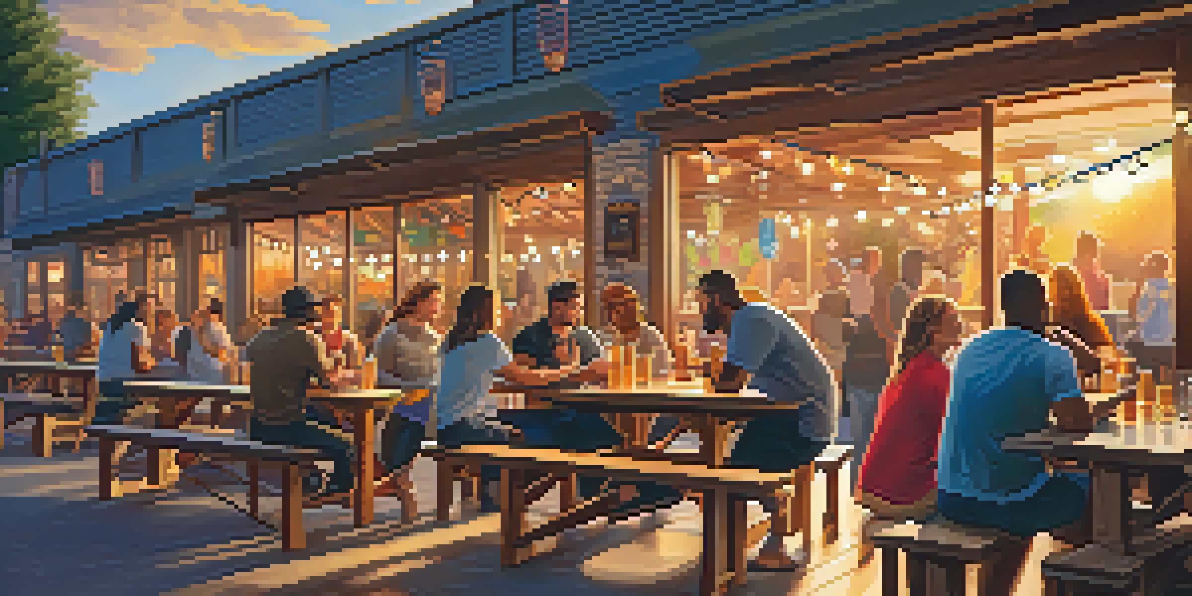 An outdoor brewery patio bustling with patrons, colorful murals, wooden tables, and sunset lighting.