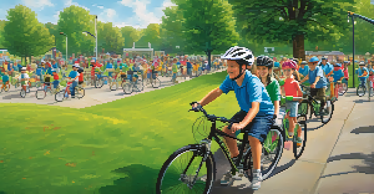 A community bike ride event in a park with diverse participants wearing helmets and colorful clothing, promoting biking and walking.