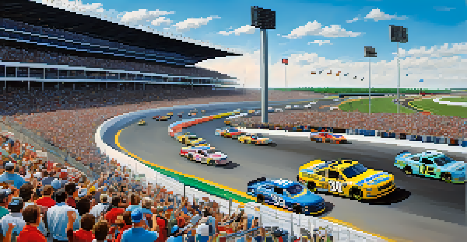 Race cars competing at Charlotte Motor Speedway during a NASCAR event, with enthusiastic fans watching from the stands.