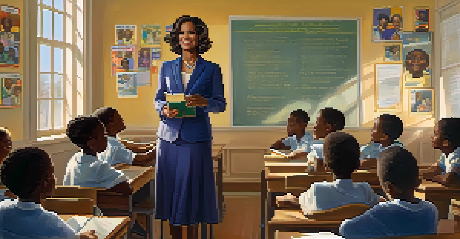 A portrait of Charlotte Hawkins Brown in a classroom with African American students, showcasing a commitment to education.