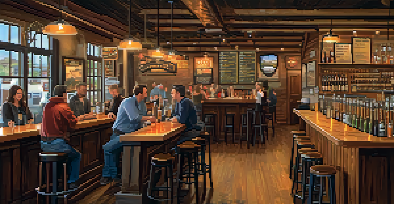 The interior of a cozy brewery with a wooden bar, patrons enjoying craft beers, and warm lighting.