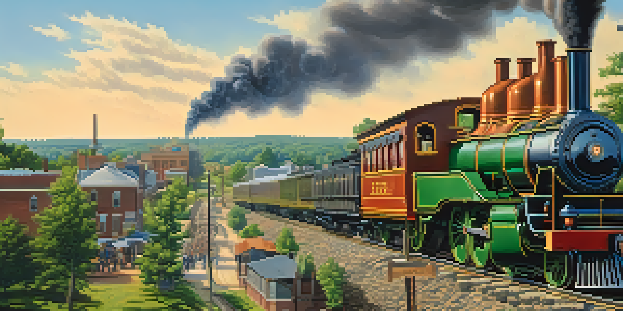 A steam locomotive on the first railroad in Charlotte, with a town and trees in the background.