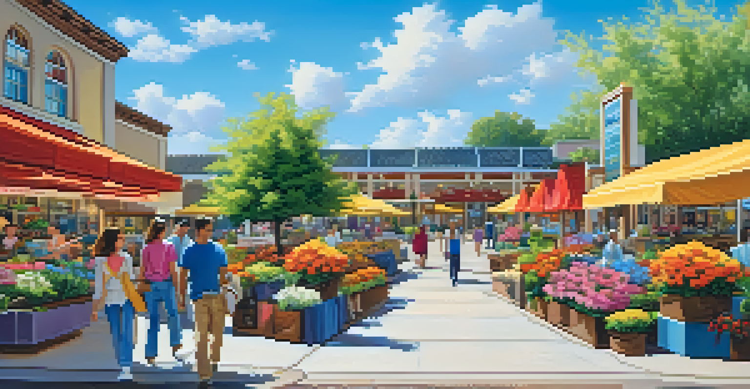 An outdoor shopping center with lush landscaping and shoppers walking among boutique shops.